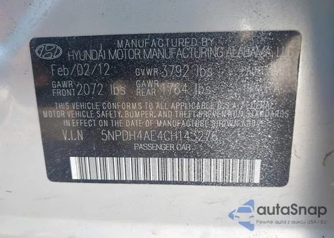 2012 Hyundai Elantra Gls from USA, damaged, VIN 5NPDH4AE4CH143276